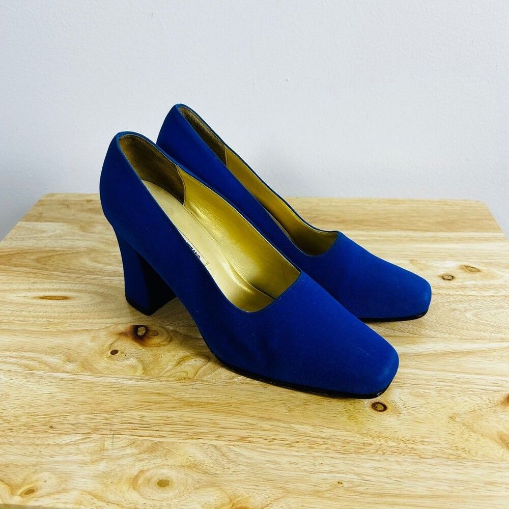 Cosmopolitan Blue Satin Pumps Womens 6.5M Block Heel Square Toe Fabric Upper